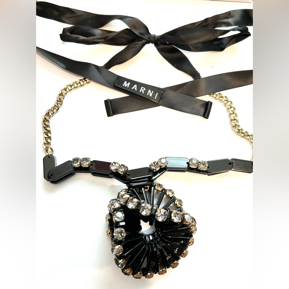 MARNI Statement Pendant Black Rhinestone Bling Chain Ribbon Necklace Designer